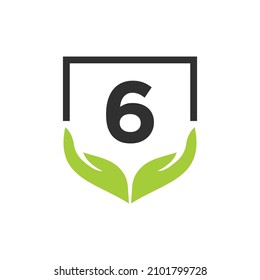 Charity Help Hands Logo On Letter 6 Concept Template. Care, Sharing, Charity, Medical Health, Donation Organization 6 Logotype Design