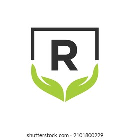 Charity Help Hands Logo On Letter R Concept Template. Care, Sharing, Charity, Medical Health, Donation Organization R Logotype Design