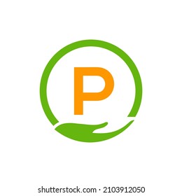 Charity Help Hands Logo On Letter P Concept Template. Care, Sharing, Charity, Medical Health, Donation Organization P Logotype Design