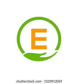 Charity Help Hands Logo On Letter E Concept Template. Care, Sharing, Charity, Medical Health, Donation Organization E Logotype Design