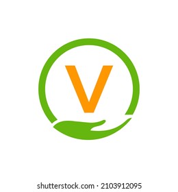Charity Help Hands Logo On Letter V Concept Template. Care, Sharing, Charity, Medical Health, Donation Organization V Logotype Design