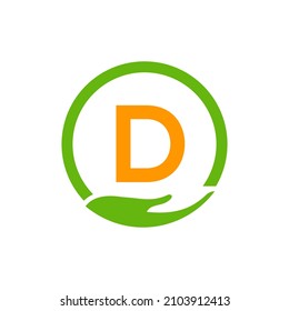 Charity Help Hands Logo On Letter D Concept Template. Care, Sharing, Charity, Medical Health, Donation Organization D Logotype Design