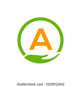 Charity Help Hands Logo On Letter A Concept Template. Care, Sharing, Charity, Medical Health, Donation Organization A Logotype Design