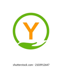 Charity Help Hands Logo On Letter Y Concept Template. Care, Sharing, Charity, Medical Health, Donation Organization Y Logotype Design