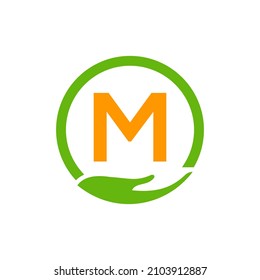 Charity Help Hands Logo On Letter M Concept Template. Care, Sharing, Charity, Medical Health, Donation Organization M Logotype Design