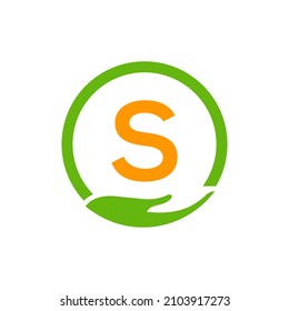 Charity Help Hands Logo On Letter S Concept Template. Care, Sharing, Charity, Medical Health, Donation Organization S Logotype Design
