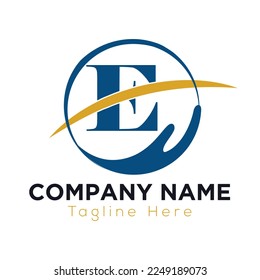 Charity Help Hands Logo On Letter E Concept Template. Care, Sharing, Charity, Medical Health, Donation Organization E Logotype Design 