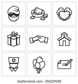 Charity. Help the homeless and poor people icons set. Vector Illustration.
Isolated Flat Icons collection on a white background for design