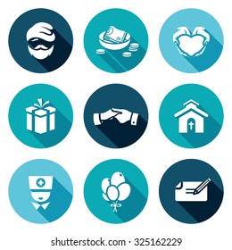 Charity. Help the homeless and poor people icons set. Vector Illustration.