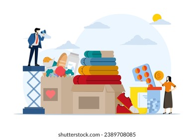 Charity and help from a small volunteer community. People giving money, clothes and medicine help voluntarily, sponsorship, altruism concept for banner, website design or landing web page.