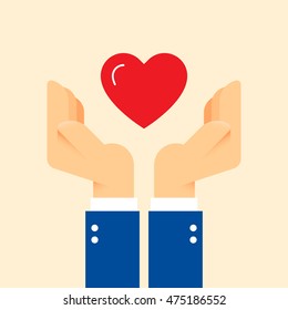 Charity helping hands with red heart. Share love illustration. Clean and simple graphic flat vector concept.Color symbol icon template for donation organization, volunteer center and fundraising event