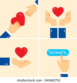 La caridad ayuda con el corazón rojo. Dona y comparte conjunto de ilustraciones de amor. Concepto simple de vector plano gráfico.Plantilla de icono de símbolo para organización de donaciones, centro de voluntarios y evento de recaudación de fondos