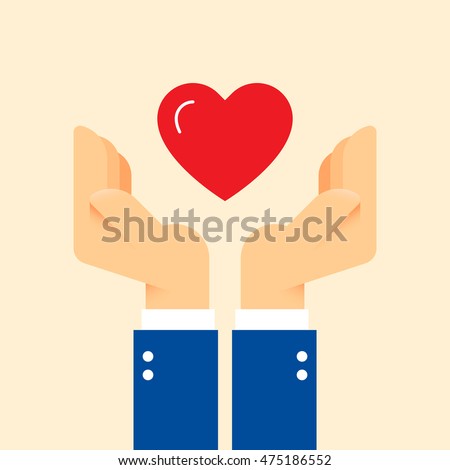 Charity helping hands with red heart. Share love illustration. Clean and simple graphic flat vector concept.Color symbol icon template for donation organization, volunteer center and fundraising event