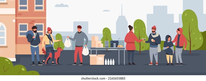 Charity for homeless. Cartoon humanitarian help and support for poor people, social charity and volunteer community concept. Vector refectory illustration. Activists giving packages with food svg