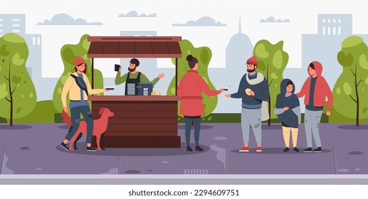 Charity for homeless. Cartoon humanitarian help and support for poor people, social charity and volunteer community concept of charity and help, donation to homeless illustration vector