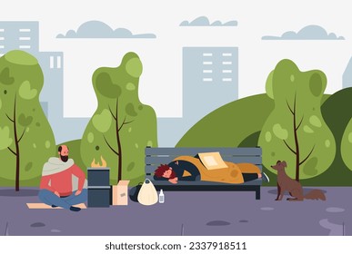 Charity for homeless. Cartoon humanitarian help and support for poor people, social charity and volunteer community concept. Distressed men begging for money and food vector illustration