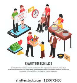 Charity for homeless design concept with volunteers donating toys money and feeding free food isometric vector illustration