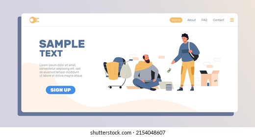 Charity for homeless landing. Charity for poor people web page template with volunteer giving money and food to poor person. Vector illustration. Begging character sitting outdoor, poverty concept