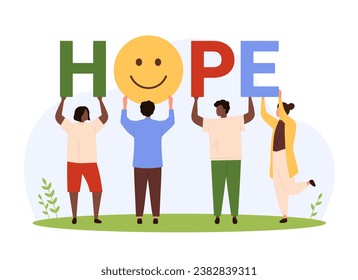 Charity, hope for better future vector illustration. Cartoon tiny people standing holding colorful rainbow letters of word Hope and emoji with smile, diversity group of characters believe and dream