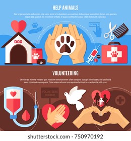 Charity horizontal banners collection with editable text and flat symbols with images of medical and veterinary equipment vector illustration