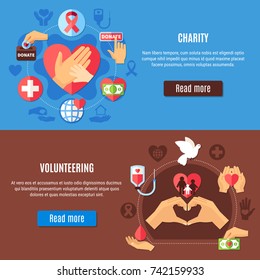 Charity horizontal banners collection with read more button editable text and volunteering pictograms with silhouette icons vector illustration