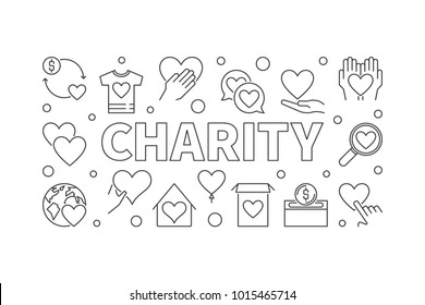 Charity horizontal illustration - vector concept minimal banner in thin line style on white background