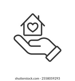Charity house icon in line design. Charity, house, shelter, support, community, home, donation on white background vector. Charity house editable stroke icon