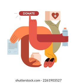 
Charity and humanitarian aid concept. Donating, helping refugees, international support, non-profit organization, work of volunteers. Flat vector illustration isolated on white back