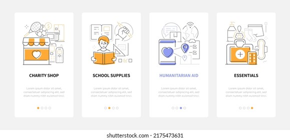 Charity and humanitarian aid - line design style banners set with place for text. Illustration with essentials and school supplies. Shop, household appliances, clothes, medicines, online support