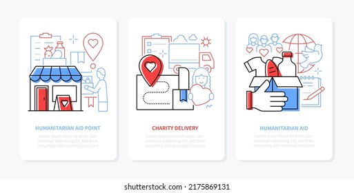 Charity and humanitarian aidy - line design style banners set with place for text. Illustration with free goods, delivery of provisions and necessary things. Food, clothing, hope for a better life