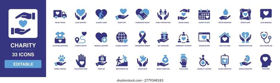CHARITY icon collection displaying bold glyph graphics of relief truck, elderly care, heart gift, family protection, and community support for non-profit and humanitarian organizations
