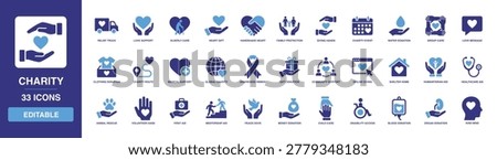 CHARITY icon collection displaying bold glyph graphics of relief truck, elderly care, heart gift, family protection, and community support for non-profit and humanitarian organizations