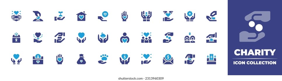 Charity icon collection. Duotone color. Vector illustration. Containing box, donation, charity, house, heart, selfcare, care, compassion, hand, baby, love, women, subsidy, hands, deposit. 