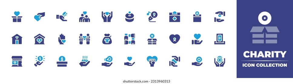 Charity icon collection. Duotone color. Vector illustration. Containing charity, love, care, hands, donation, alms, house, help, clothes donation, heart, food, almsgiving, zakat. 