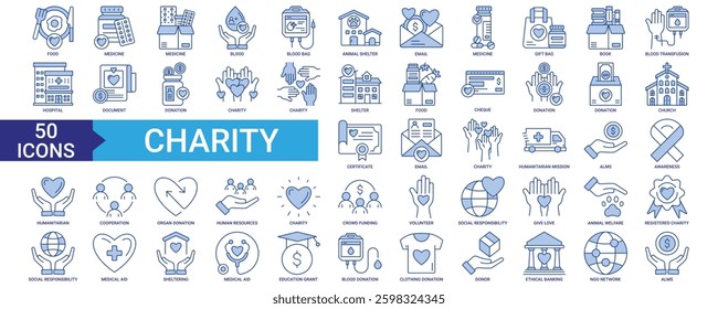 Charity icon collection set. Containing food, medicine, donation, cooperation, human resources icon. Simple blue vector