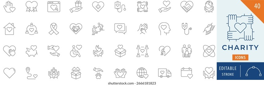 Conjunto de colección de icono de caridad. Trazo editable.