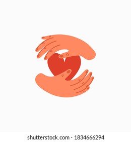 Charity icon. Empathy and Compassion icon - hands holding a heart. Helping hand or psychological care. Vector illustration in flat cartoon style on white background.