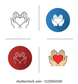 Charity icon. Flat design, linear and color styles. Life insurance. Medicine and healthcare. Hands holding heart. Isolated vector illustrations