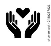 Charity icon. Hand holding heart, love, compassion, giving, support, care, help, charity, kindness, altruism.