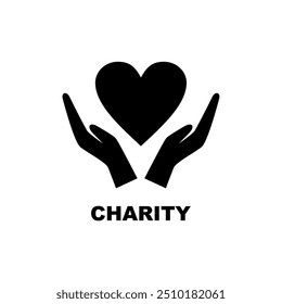 Charity icon. Hand hugging heart symbol signifies a caring person. Black silhouette of sharing, message of love and patient care, caring hands, health aid, giving something away. Vector illustration