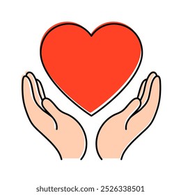 Charity icon, hands holding a red heart. Donation, support, compassion concept