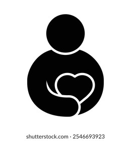 charity icon, man holding heart, isolated silhouette on transparent background