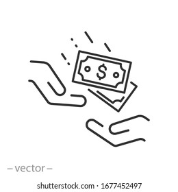 charity icon, money donation, generous hand, donate finance, thin line web symbol on white background - editable stroke vector illustration eps10