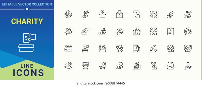 Charity icon pack. Featuring foundation, assist, volunteer, cooperation, support and more. Donation modern icon set. Simple line vector icons. Pixel perfect. Editable vector.