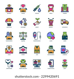 Charity-Icon-Paket für Ihr Website-Design, Ihr Logo, Ihre App und Ihre Benutzeroberfläche. Das Wohltätigkeitssymbol füllte das Farbdesign aus. Vektorgrafik-Illustration und bearbeitbarer Strich.
