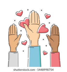 Charity icon - raised arms of cartoon people with different skin color, diversity and support movement sign with heart symbol, helping hands and volunteer care logo - flat isolated vector illustration
