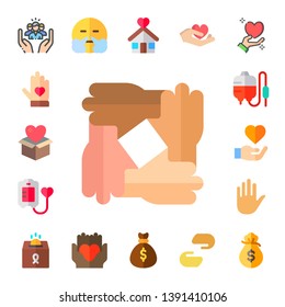 charity icon set. 17 flat charity icons.  Simple modern icons about  - social care, voluntary, donation, solidarity, blood donation, blood transfusion, care, hold, relief, shelter