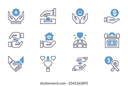 Charity icon set. Bold line style. Duotone colors. Editable stroke. subsidy, charity, care, compassion, hands, shelter, donation, volunteering, lodging.