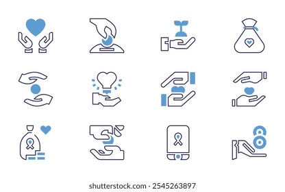 Charity icon set. Bold line style. Duotone colors. Editable stroke. donation, hand, love, money, alms.