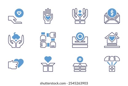 Charity icon set. Bold line style. Duotone colors. Editable stroke. heart, baby, subsidy, charity, selfcare, care, share, awareness day, donation, poverty.